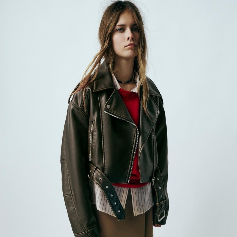 Zara faux leather crop biker jacket